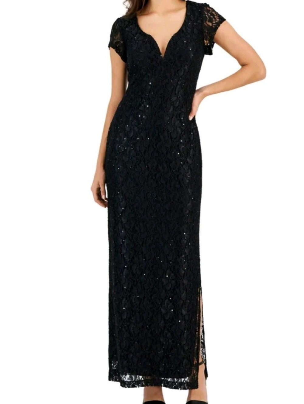 Connected Apparel Black Lace Sequins Formal Gown Evening Dress Wmn 12 Elegant